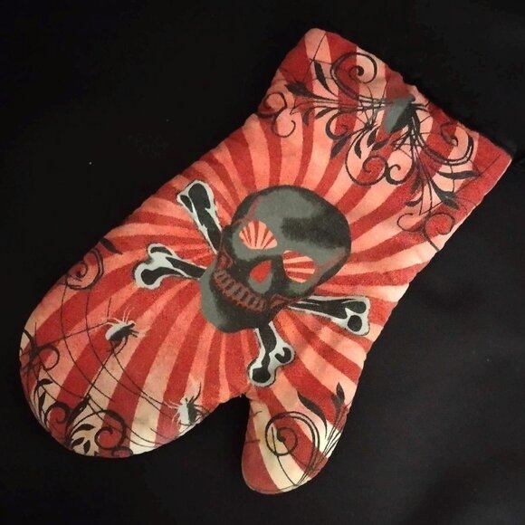 Goth Other - Soft Red, Pink and Black Skull & Crossbones Oven Mitt